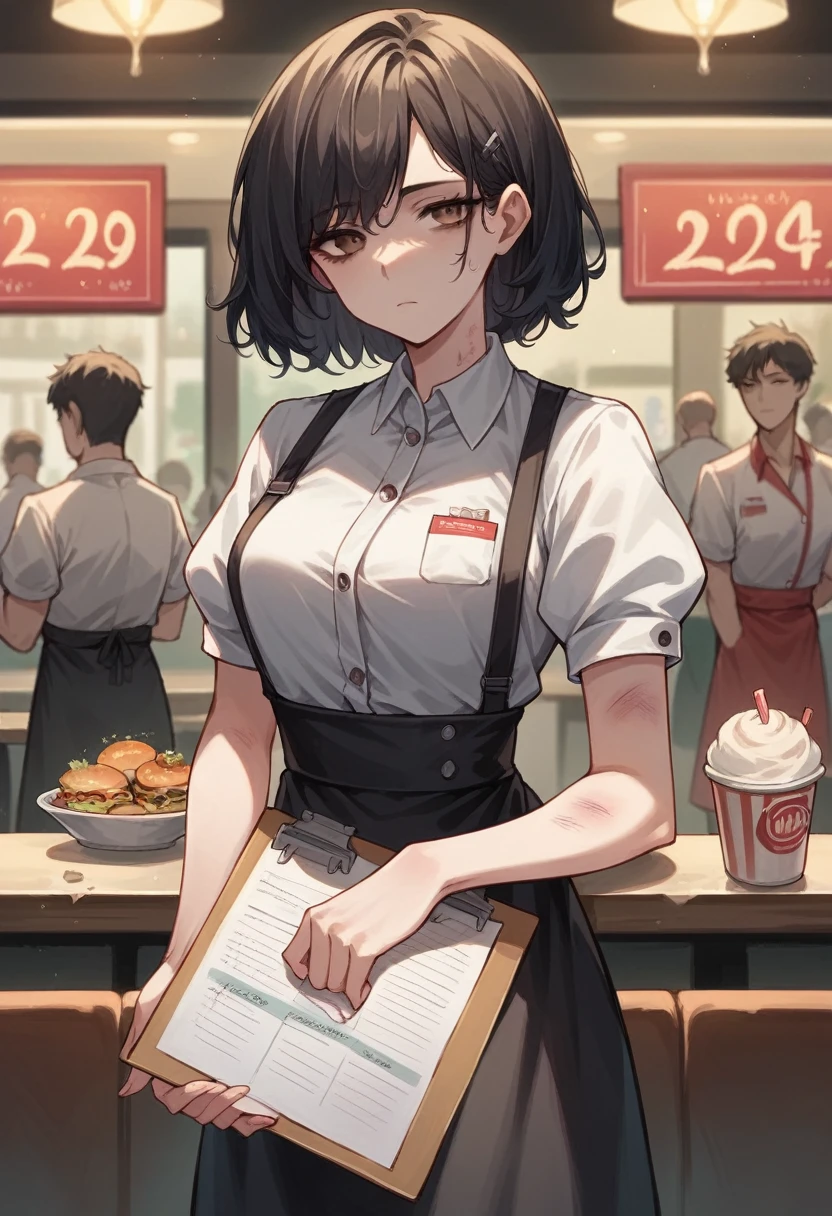 Illustration, 24 year old woman, medium black hair, brown eyes, pretty, tired, bruise on left eye, light bruise on arm, expressionless, waitress outfit, diner, standing, looking at viewer, holding notepad