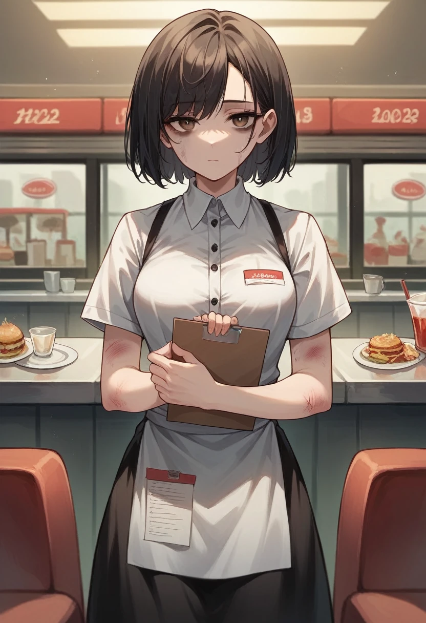 Illustration, 24 year old woman, medium black hair, brown eyes, pretty, tired, bruise on left eye, light bruise on arm, expressionless, waitress outfit, diner, standing, looking at viewer, holding notepad