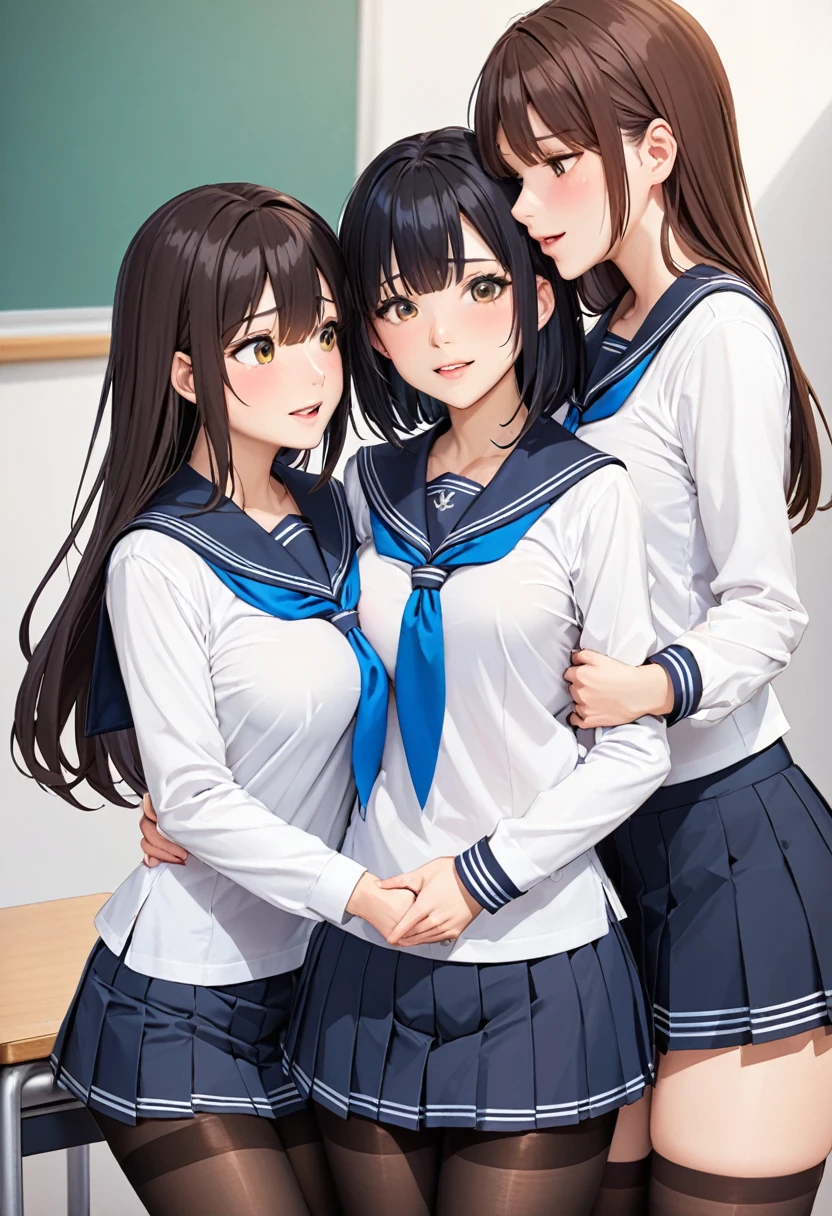 pantyhose, multiple girls, skirt, , thighband pantyhose, 3girls, blue skirt, panties, black hair, underwear, brown eyes, long hair, panties under pantyhose, serafuku, yuri, covering mouth, blush, short hair, pleated skirt, brown hair, bangs, sandwiched, neckerchief, standing, black legwear, looking at another, long sleeves, shirt, smile, blue neckwear, fingering, class room, , fingering_through_clothesgrabbing_another's_breast