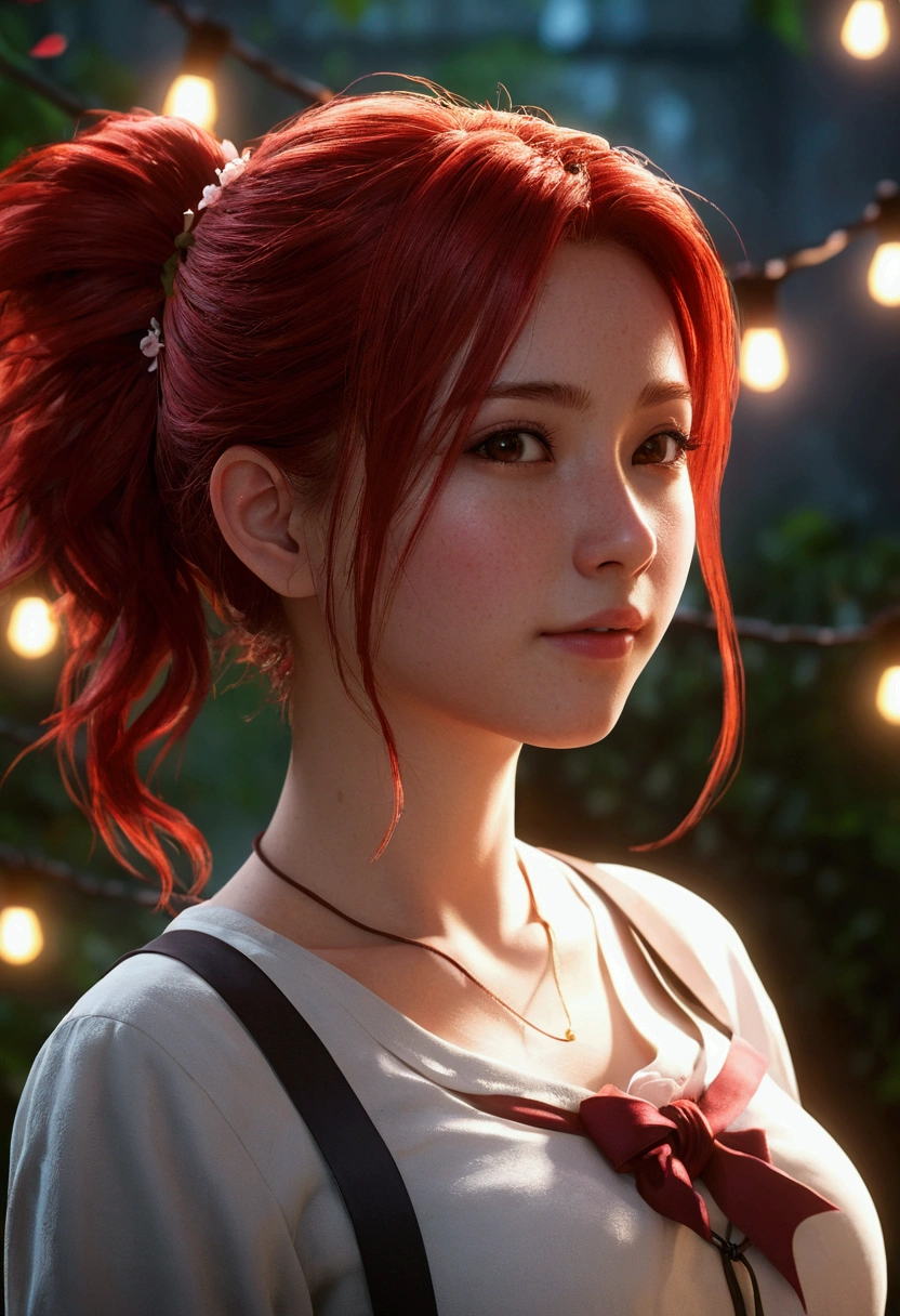 highy detailed, 8k, master part, 1girl, Red tied_Hair, don , nuts_sorrido, (perfect_muka), circunstanciado_Background Story, Filled_cos, blossom,(beautiful lighting:1.3), caustics, dynamic lighting, off_down