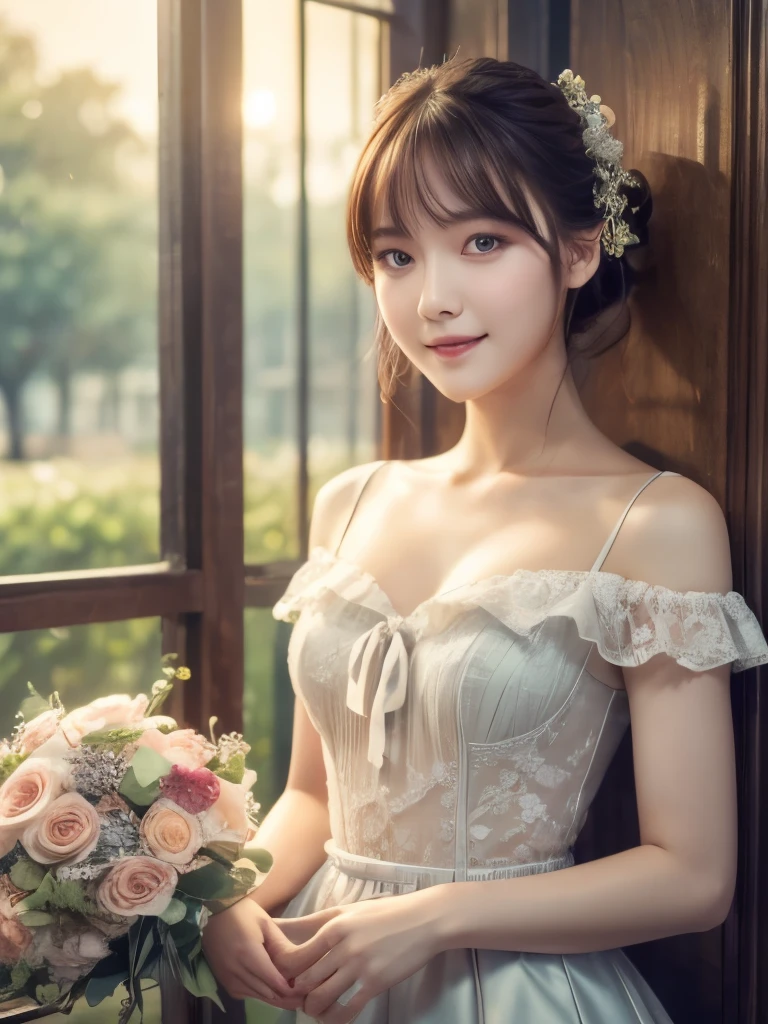 Medium display, Medium Shot, Depth of written boundary, bust, Upper Body, Movie angle, masterpiece, Highest quality, Very detailed, CG, 8k wallpaper, Beautiful Face, Delicate eyes, country々, alone, smile, bangs, skirt, shirt, Have, dress, bow, petal, bouquet