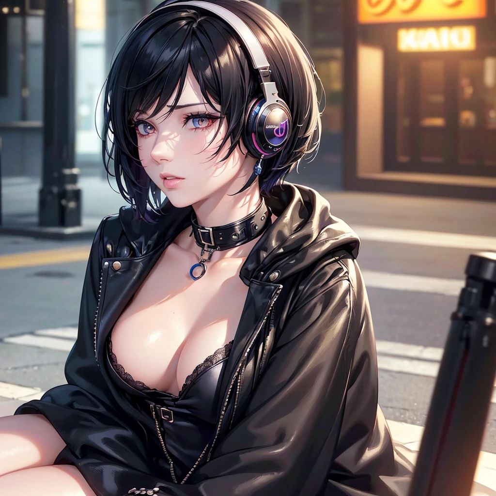 1 woman, rock star, black pixie haircut, pale skin, delicate feminine lips, small amber eyes, crazy expression, listening to music with headphones, sitting on sidewalk, Japan, vibrant colors, cinematic lighting, (best quality,4k,8k,highres,masterpiece:1.2),ultra-detailed,(realistic,photorealistic,photo-realistic:1.37),portraits,fantasy,magic