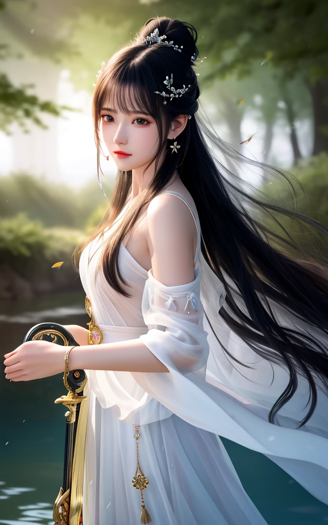 best quality,masterpiece,highres,cg,
1girl,weapon,sword,long hair,dress,water,solo,jewelry,white dress,earrings,hair ornament,splashing,upper body,hair bun,black hair,
lighting,candid,Photograph,high resolution,4k,8k,Bokeh,