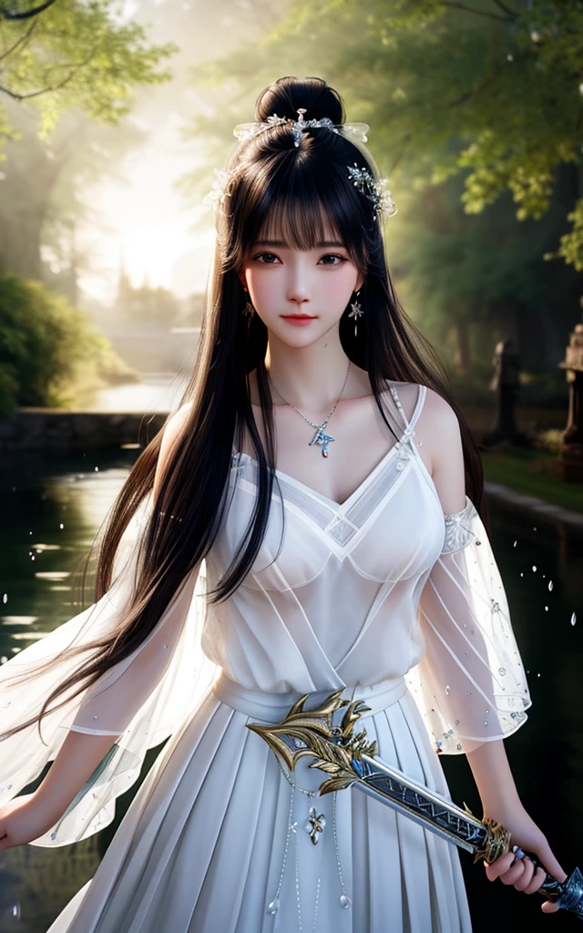 best quality,masterpiece,highres,cg,
1girl,weapon,sword,long hair,dress,water,solo,jewelry,white dress,earrings,hair ornament,splashing,upper body,hair bun,black hair,
lighting,candid,Photograph,high resolution,4k,8k,Bokeh,
