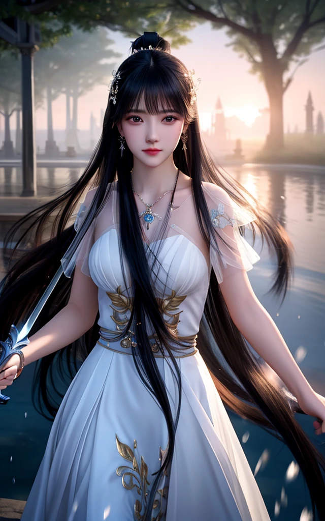 best quality,masterpiece,highres,cg,
1girl,weapon,sword,long hair,dress,water,solo,jewelry,white dress,earrings,hair ornament,splashing,upper body,hair bun,black hair,
lighting,candid,Photograph,high resolution,4k,8k,Bokeh,