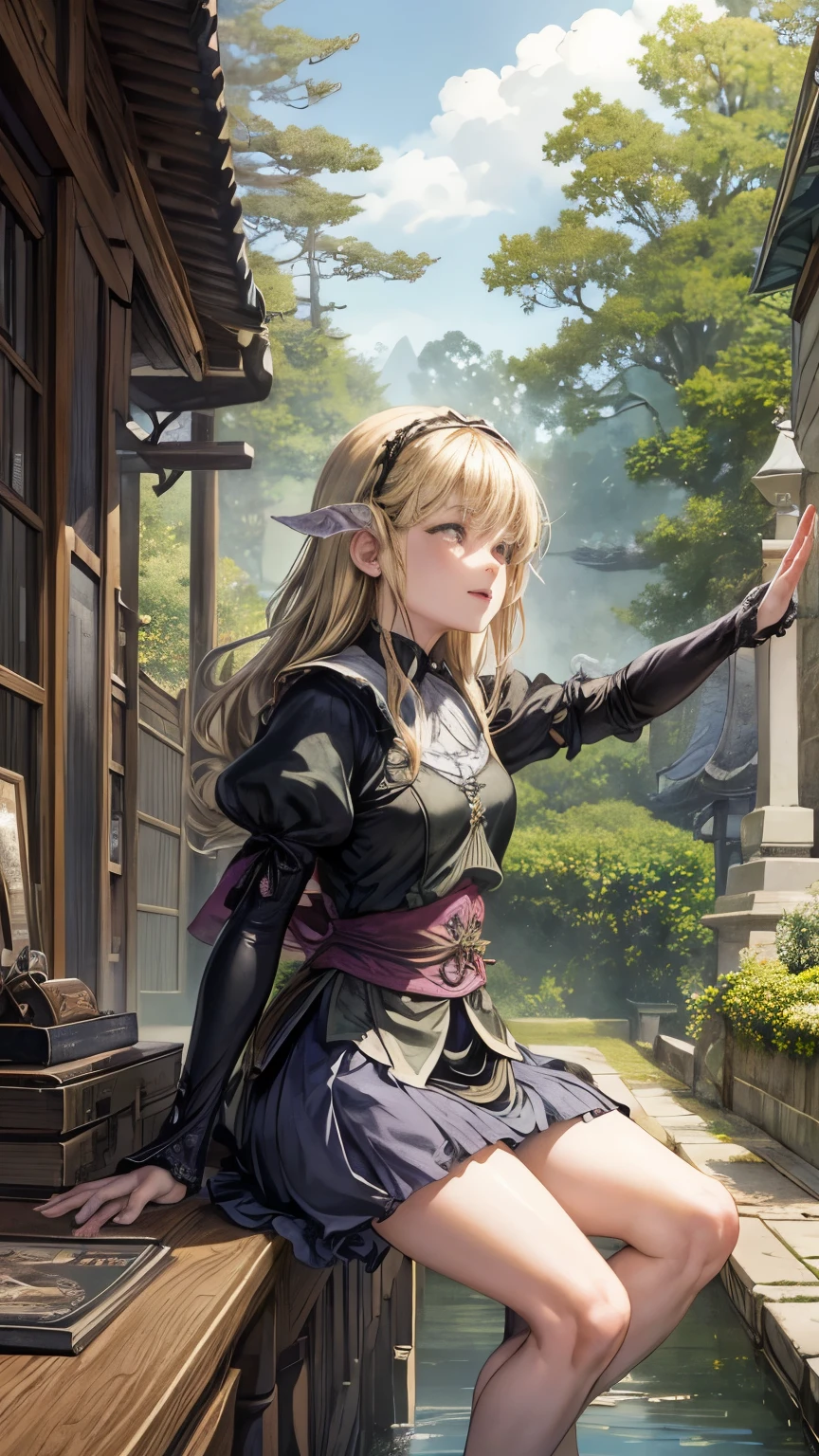 Arthur Rackham, Mabel Attwell, Maurice Sendak, Keiko Takemiya l, Yuu Watase, Surrealism Mysterious Weird Fantastic Fantasy Sci-fi, Japanese Anime Schrödinger's Post, Fun Bremen's Blonde Miniskirt blonde Girl Alice having fun, perfect voluminous body, detailed masterpiece Hyper realistic sharp focus