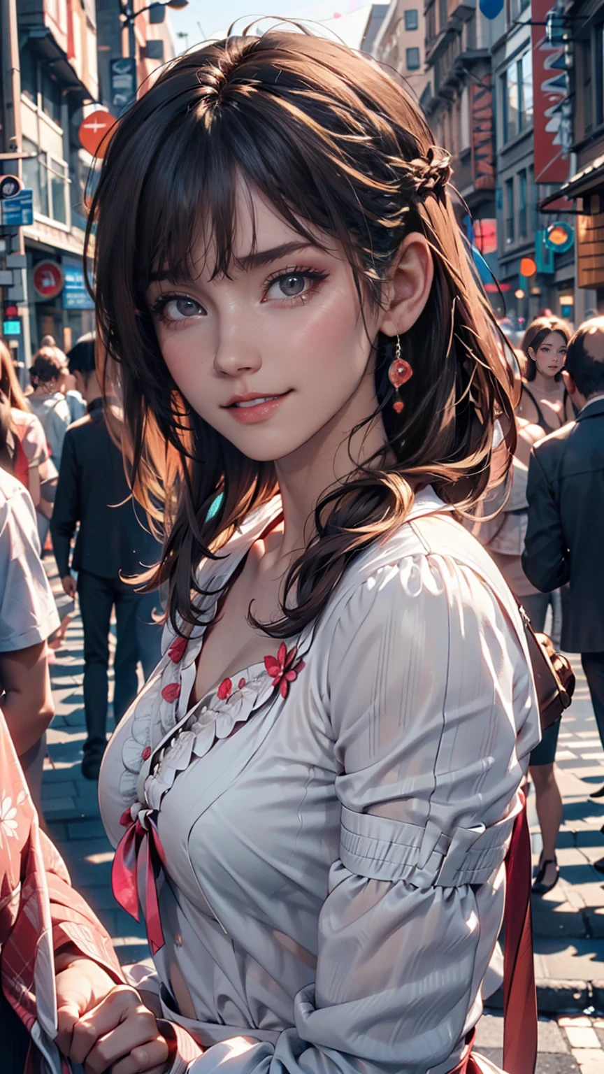 Highest quality, Realistic, 1peopleの女の子, woman,(Skin Dentition), Mid-chest, (bright), (Professional Lighting, Bokeh), (street), people々, crowd, Braided bangs, (blouse:1.5), (Portrait:0.8), nice, bloom, Floating Hair, (Dynamic pose:0.6) , Soft lighting, 