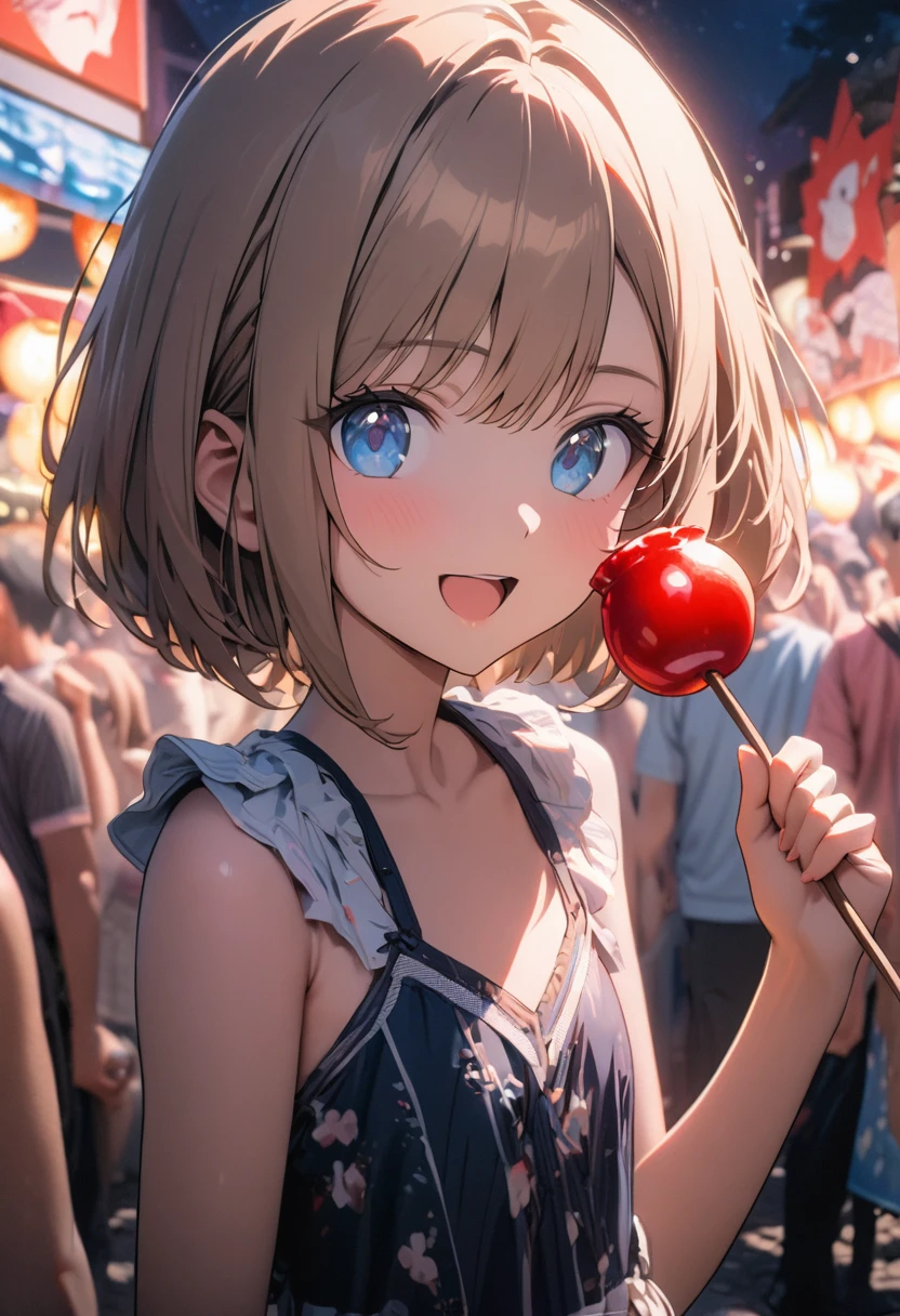 1 girl, 18yo, (flat chest: 1.5), blue eyes, light brown hair, bob cut, summer outfit, smile, open mouth, standing, upper body, (various pose:1.5), summer festival, holding candy apples with stick, crowd, night, 8k, RAW photo, best quality, masterpiece, extremely detailed 8k wallpaper, ultra-detailed, best shadow, detailed background, beautiful detailed face, beautiful detailed eyes, nice hands, perfect hands