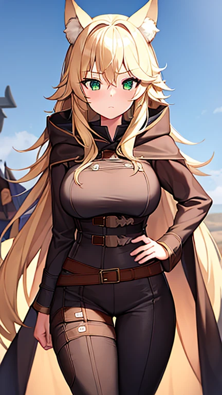 1girl, breasts, large breasts, wide hips, blonde hair, long hair, wolf ears, wolf tail, cloak, brown cloak, brown hood, hood, hood down, white shirt, black pants, green eyes, belt, serious, simple clothes