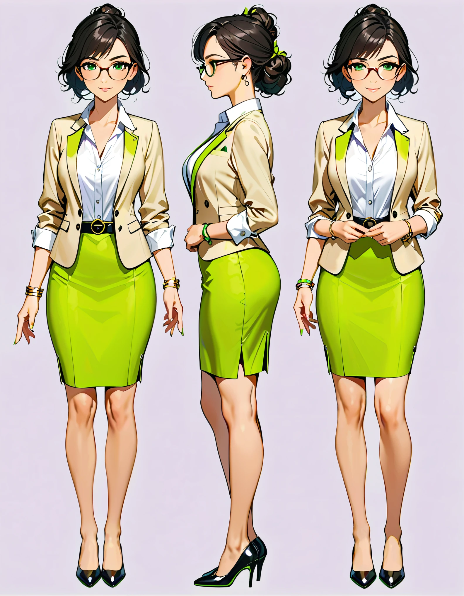 (masterpiece), (best quality), (hires), highly detailed, professional, 1lady, mature lady, tall body, jet black hair, short hair, (tied up hair), green eyes, (glasses), beautiful detailed eyes, beautiful detailed face, (beige suit), open jacket), white dress shirt, open collar, (medium lime green pencil skirt), (perfect hands, complete fingers), (gold bracelets), bare legs, solo, solo focus, full body with costume, semi-realistic, friendly. Simple background, Multiple Views, Character Sheet Full-Length.