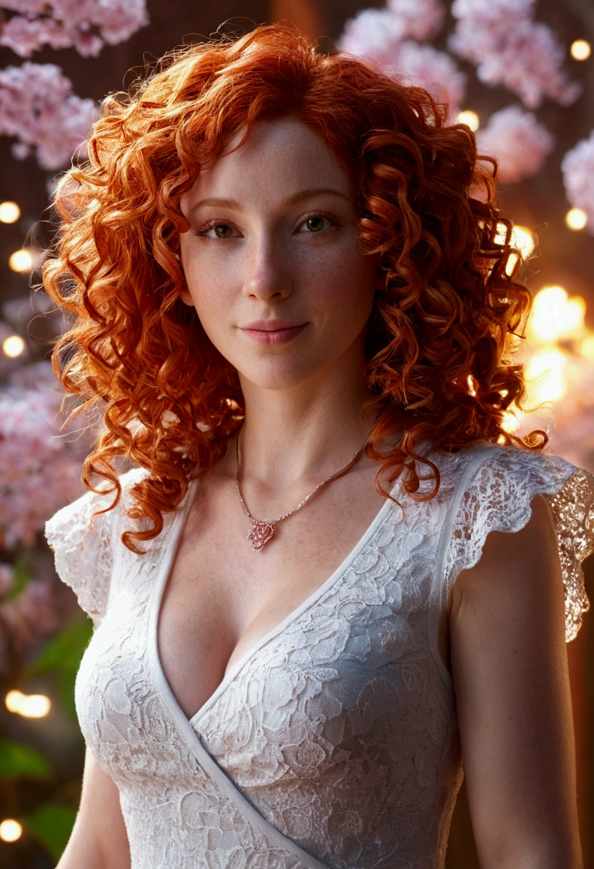 highy detailed, 8k, master part, 1mature girl, Red curly_Hair_lomg , don , nuts_sorrido, (perfect_muka), circunstanciado_Background Story, Filled_cos, blossom,(beautiful lighting:1.3), caustics, dynamic lighting, off_down