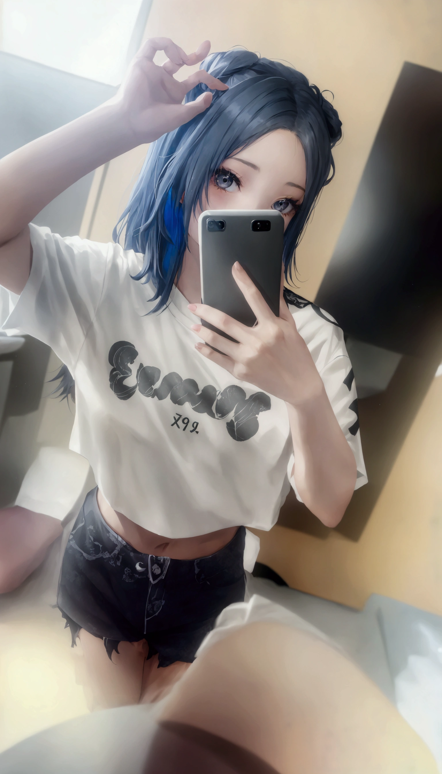 A woman is taking a selfie in the mirror, 破れたクロップT-Shirts, Crop top, 2263539546], Ulzzang, 1 8 is, Low quality photos, 👅 👅, 2 4-year-old female model, T-Shirts, Chiho, Gray hair black hair, 20-year-old, Two 0&#39;s