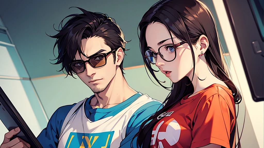 A super sexy man with a bare chest and a super nerdy girl wearing weird glasses and a t-shirt and ugly clothes。