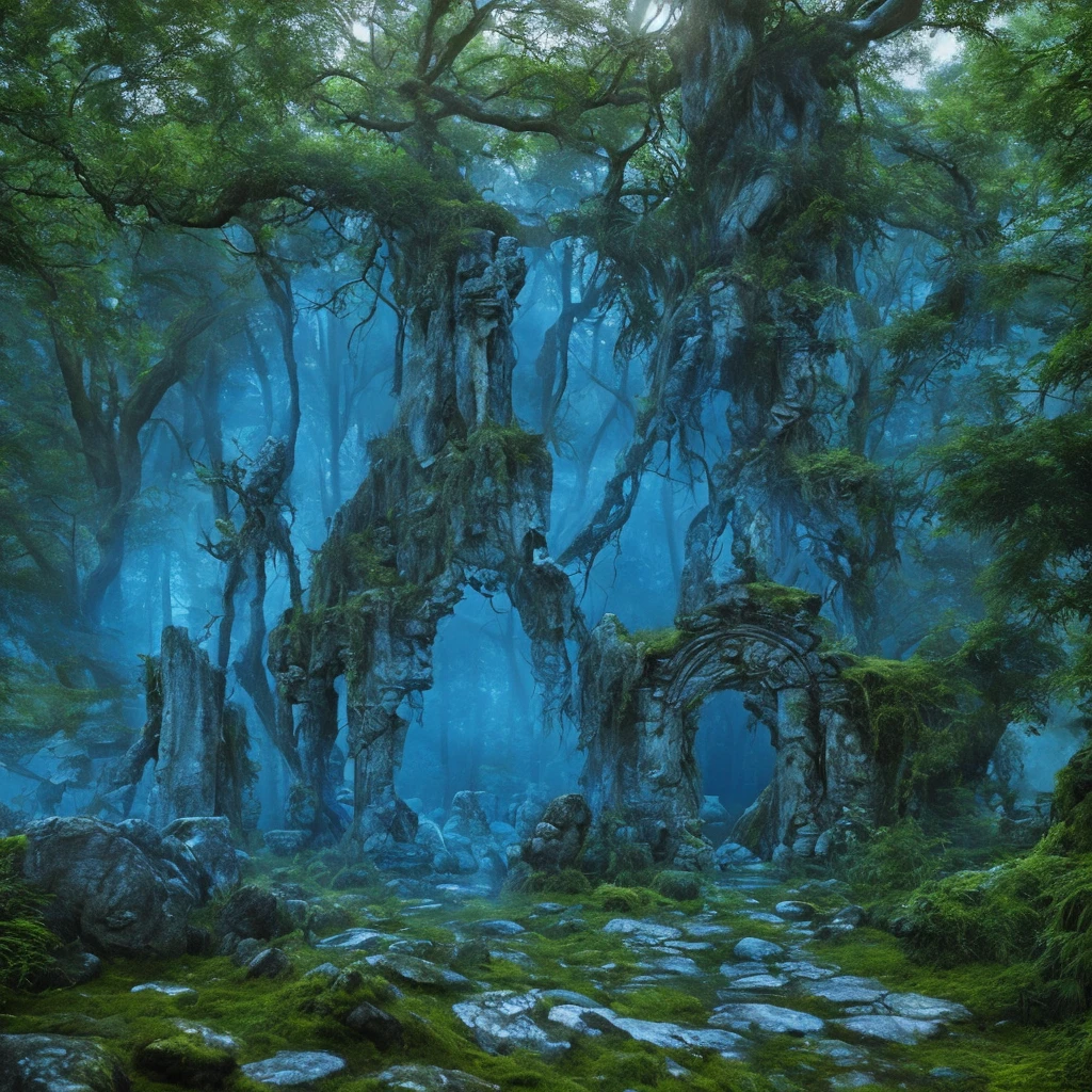 ancient overgrown temple ruins, runestones, magic forest, fantasy, 4k, ancient runes glowing blue