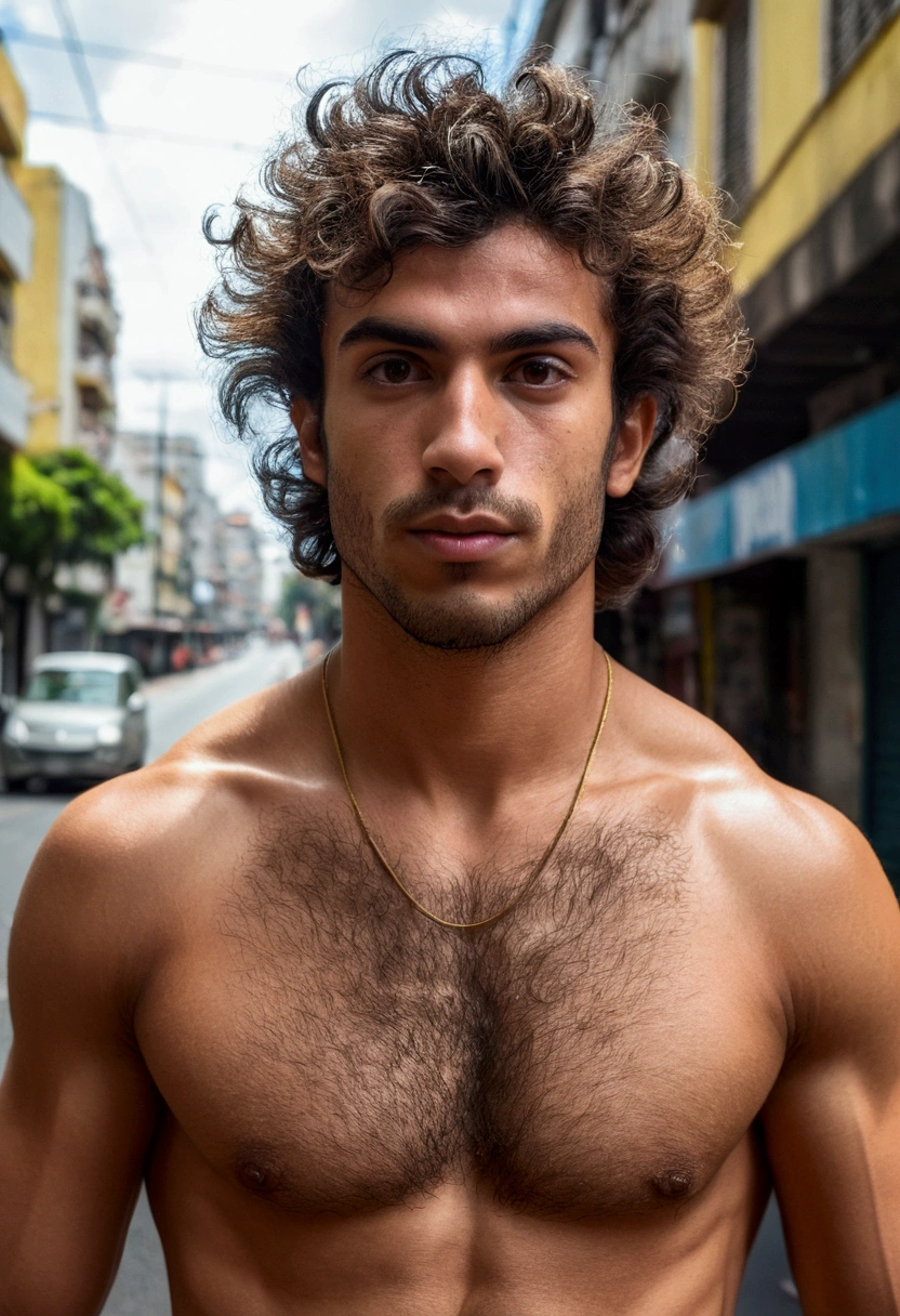 naughty man, 25 years old, attractive beautiful face, very hairy young man, (hazelnut eyes), beautiful hairstyle,look  bonito, 1900 style, muscular shirtless, hairy chest, from Brazil, Fujifilm, cinematrographic, 16K, ultra HD, on a street in São Paulo