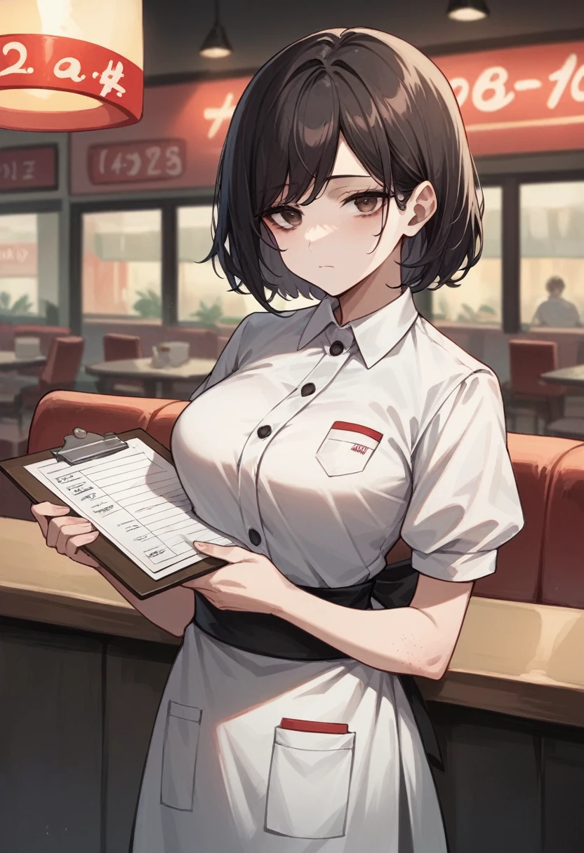 Illustration, 24 year old woman, medium black hair, brown eyes, pretty, tired,black eye, light bruise on arm, expressionless, waitress outfit, diner, standing, looking at viewer, holding notepad