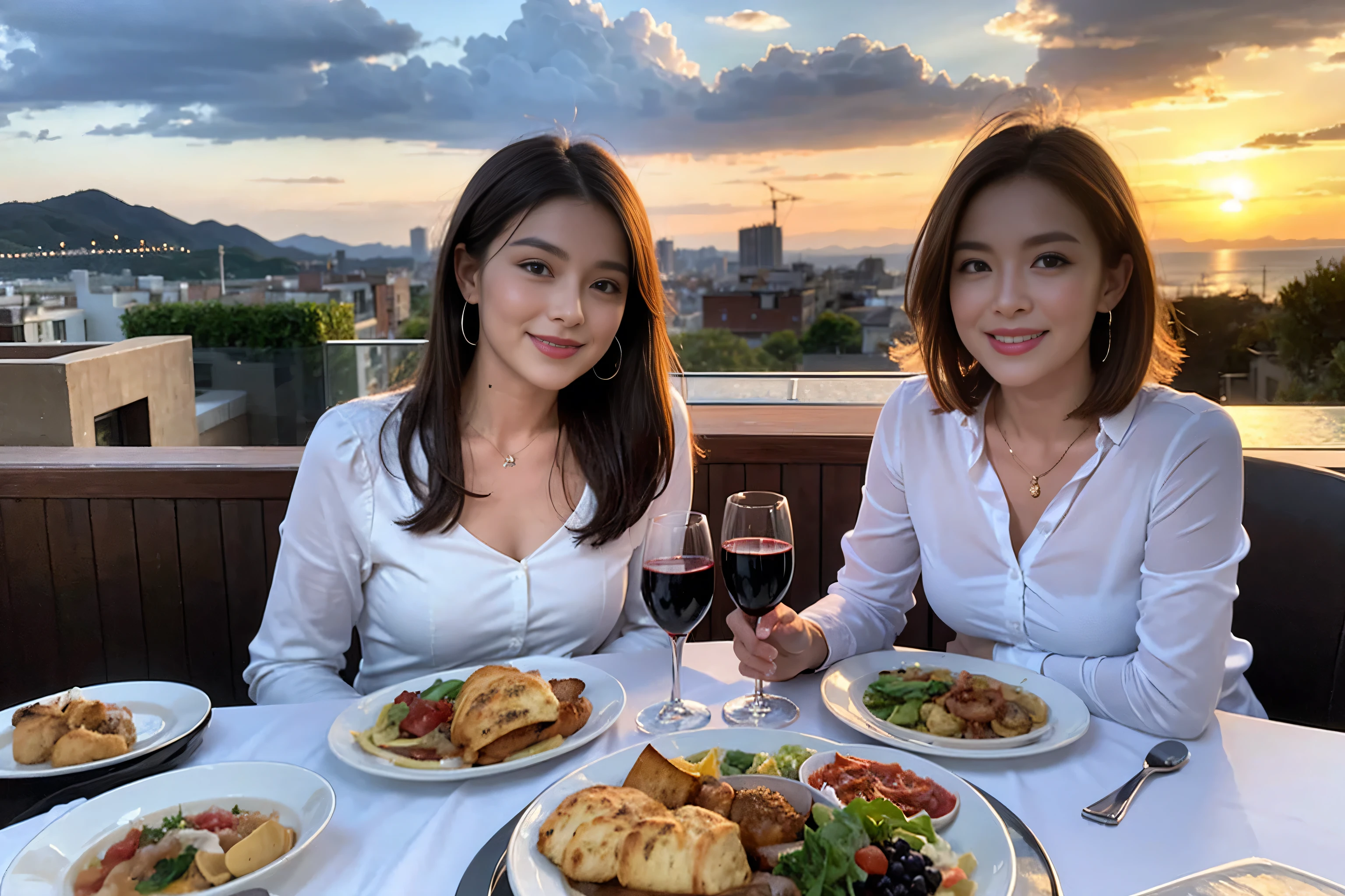 ((Highest quality、8k、masterpiece:1.3))、cute、Slim Couple、Model Couple、Actress/Actor、(Realistic, Intricate details:1.2), full-course dinner、Wine Party、Amazing view of the sunset sky and clouds、A bright smile、short hair,Bright Face、 (45 years old), 42 years old, red wine 、Appetizers、Italian food、Wine bottle、Champagne、sparkling wine、Two beauties、Brown Hair、Shortcuts、Long sleeve shirt、dress、Beautiful woman 1, (Slim face), (The body is スリム), (Brown Hair),