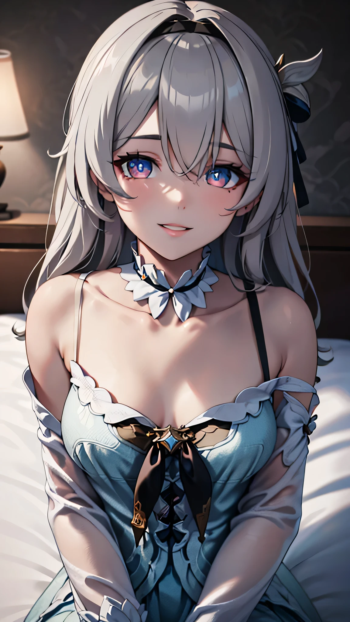 (masterpiece, best quality, absurdres), high quality, highres, ultra detailed, intricate, cinematic lighting, wallpaper, soft lighting, night, night light, close-up, looking at viewer, beautiful woman, 1girl, parted lips, Firefly honkai starrail, firefly HSR, small breasts, grey hair, black bow, hair bow, long stright hair, detailed gradient eyes color, gradient blue and red color eyes, ((Super Realistic Detailed Eyes, glowing eyes)),  in bedroom, sitting on the bed, wearing a white nightgown, white nightgown, nightgown, focus on face, cowboy shot, smile, large smilling