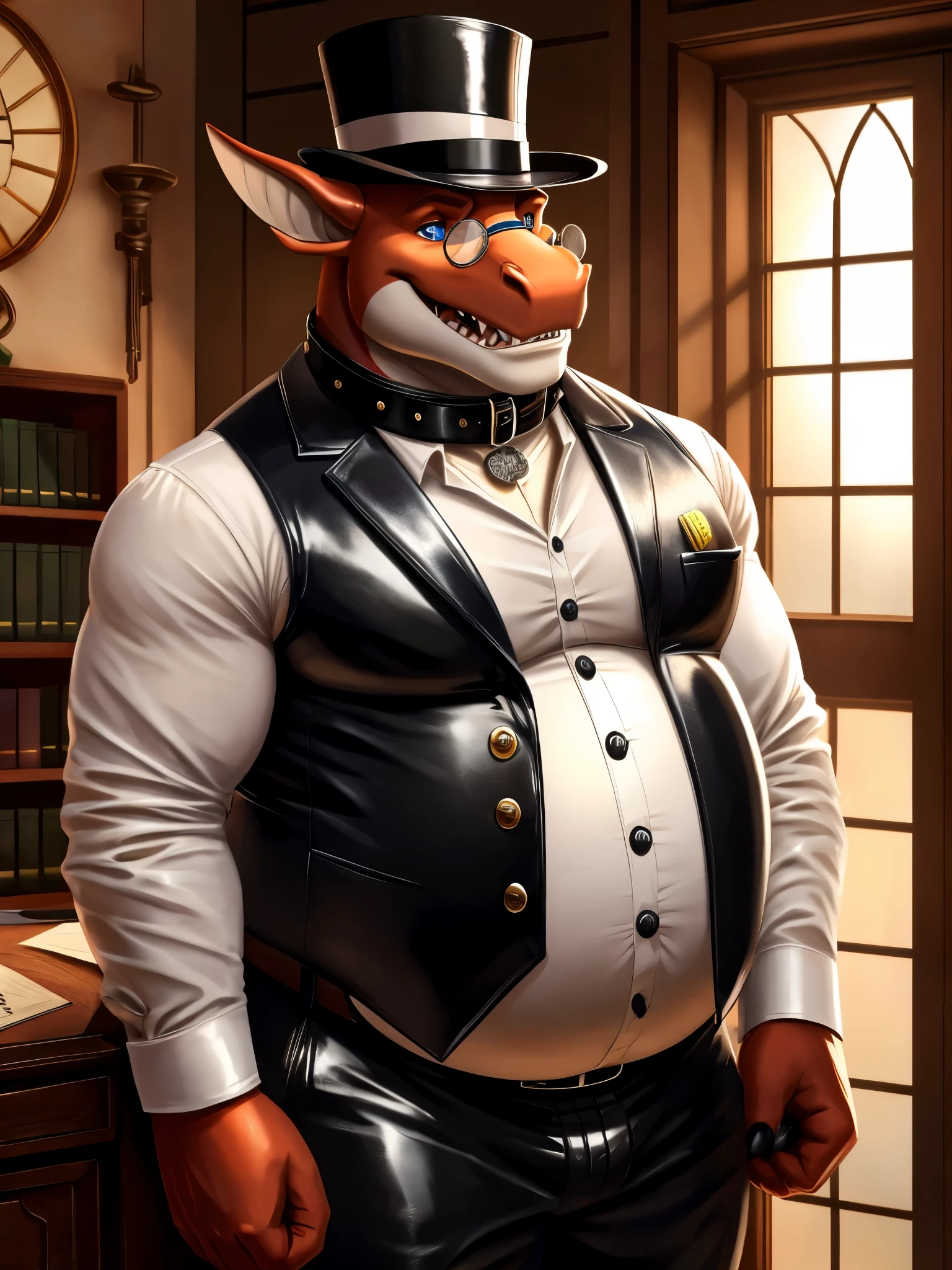 Realistic, Solo, Male, fat, extremely obese, gentleman, dapper Professor Dragon, blue eyes, 4k, hi res, ((detailed face, detailed)), mouth wide open, steampunk, large belly, bulging belly, dapper clothing, collared shirt with buttons, top hat, male focus, Explorer Outfit, glasses, monocle, vest with buttons, sleeves rolled up, round eyewear, brown headwear, brown vest, office, Dragon is wearing a glossy leather dog collar around the neck, Dragon is wearing the leather collar and shirt and vest at the same time, Dragon is wearing glossy white rubber gloves on the hands, wearing white rubber gloves on the feet, gloves are rubber in texture, clenching teeth, clenching fists, leather collar is glossy and shiny with a lot of detail, Dragon is wearing gloves and leather collar at the same time, leather collar has a round dog-tag, leather collar is thick and detailed, leather collar is glossy and shiny, fancy clothing, dapper vest, dapper shirt, leather collar is thick, glossy leather collar, leather collar is thick and glossy, rolled up sleeves, leather collar is somewhat wide.