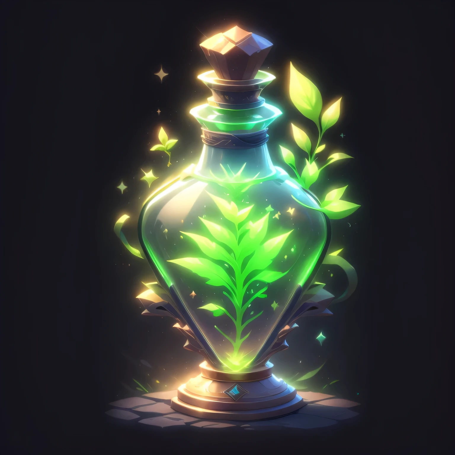 game icon institute, game icon, bottle, sparkle, black background, greenish plant,