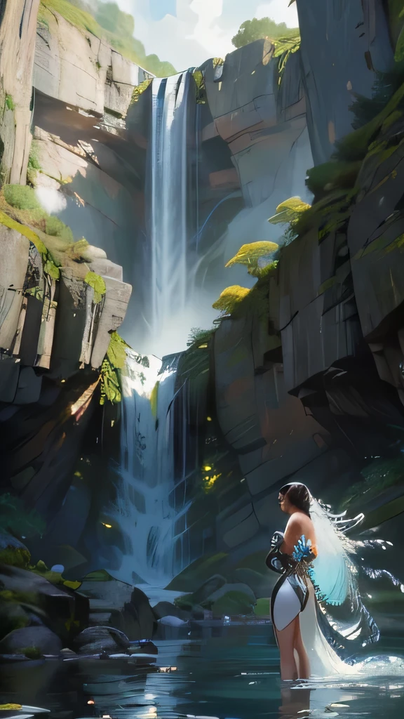 Maximum image quality, ultra-high resolution, As the waterfall cascades behind her, a woman rises from the depths, her body adorned with shimmering scales that catch the light in a mesmerizing display.
