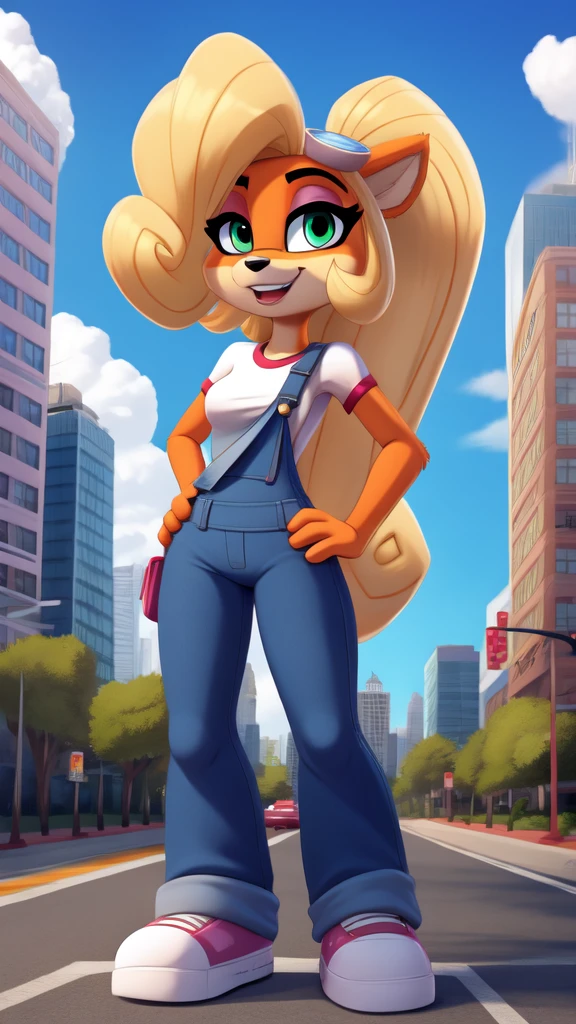 full body:2.2, very-detailed, best-proportions, best-composition, (1girl:1.000), (animal ears:0.961), (blonde hair:0.780), (blue sky:0.975), (small breasts:0.881), (building:0.952), (city:0.815), (closed mouth:0.715), (cloud:0.971), (day:0.980), (furry:0.941), (furry female:0.963), (green eyes:0.925), (hand on hip:0.937), (hands on hips:0.966), (long hair:0.853), (looking at viewer:0.633), (outdoors:0.967), (overalls:0.798), (shirt:0.869), (short sleeves:0.679), (sky:0.989), (skyscraper:0.862), (small breasts:0.673), (smile:0.902), (solo:0.997), (standing:0.709), (tree:0.596), (white shirt:0.894),coco bandicoot,