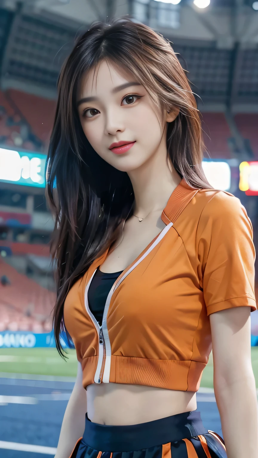 4k ultra hd, masterpiece, best quality, a girl, sports girl, happy, good face, smile, detailed eyes, detailed lips, very long hair, Multicolor floating hair, slim body, medium breasts, tight abs, narrow waist, promotional costume, orange costume, short sleeves, cropped top, opened jacket, black jacket, skirt, standing, dark shadow, stadium background,