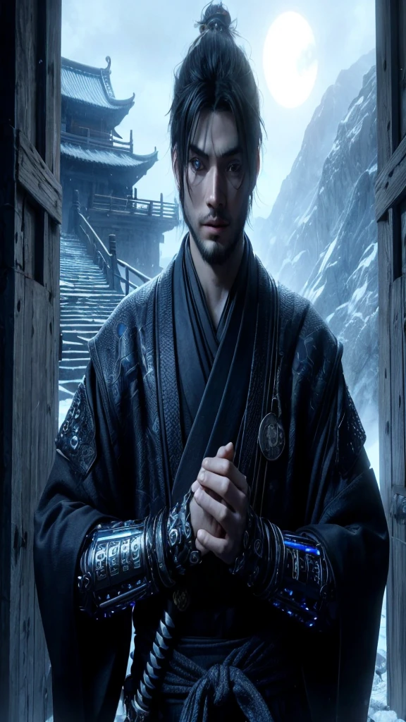 Make a 19 year old Samurai in a black Kimono with blue details , wearing Carbon fiber bracelets with blue stones and cursed with Runes, Blue pupils, hero pose, on top of a mountain with fog.