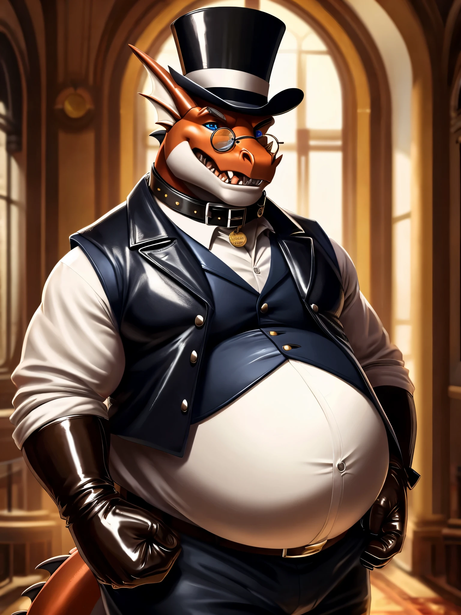 Realistic, Solo, Male, fat, extremely obese, gentleman, dapper Professor Dragon, blue eyes, 4k, hi res, ((detailed face, detailed)), mouth wide open, steampunk, large belly, bulging belly, dapper clothing, collared shirt with buttons, top hat, male focus, Explorer Outfit, glasses, monocle, vest with buttons, sleeves rolled up, round eyewear, brown headwear, brown vest, office, Dragon is wearing a glossy leather dog collar around the neck, Dragon is wearing the leather collar and shirt and vest at the same time, Dragon is wearing glossy white rubber gloves on the hands, wearing white rubber gloves on the feet, gloves are rubber in texture, clenching teeth, clenching fists, leather collar is glossy and shiny with a lot of detail, Dragon is wearing gloves and leather collar at the same time, leather collar has a round dog-tag, leather collar is thick and detailed, leather collar is glossy and shiny, fancy clothing, dapper vest, dapper shirt, leather collar is thick, glossy leather collar, leather collar is thick and glossy, rolled up sleeves, leather collar is somewhat wide.