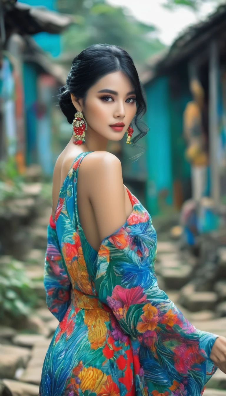 perfect black hair, Young woman, in Vietnam, stunning beauty, realistic image, ultrarrealistic, colorful clothes, perfect full body model, perfect hand, 