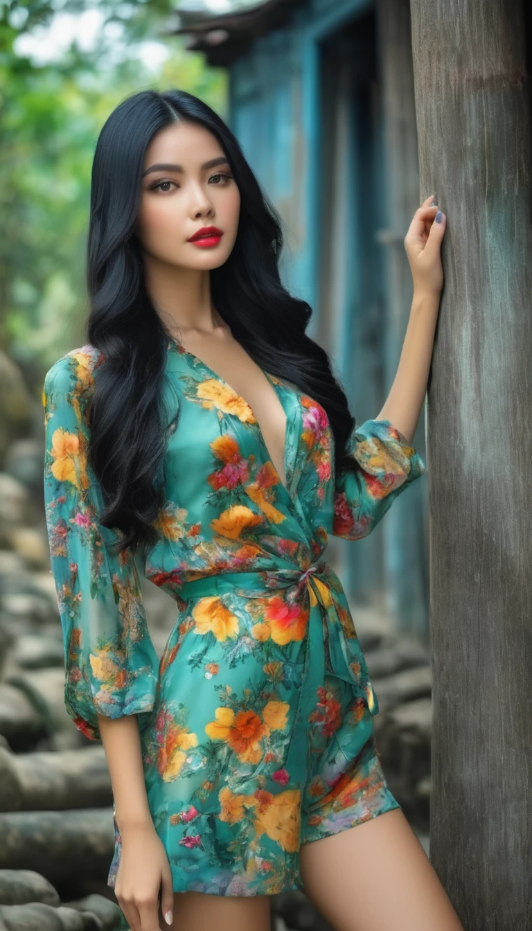 perfect black hair, Young woman, in Vietnam, stunning beauty, realistic image, ultrarrealistic, colorful clothes, perfect full body model, perfect hand, 