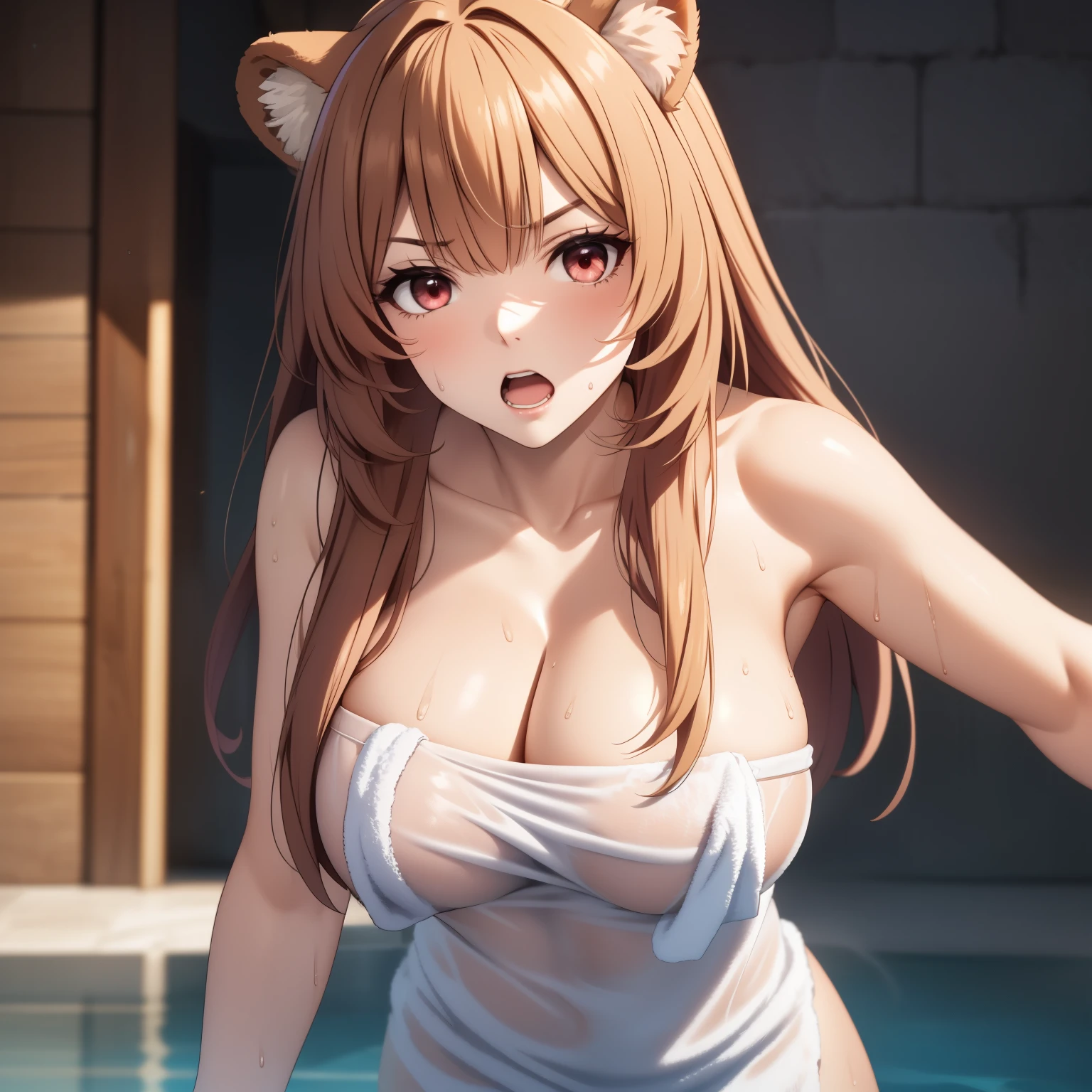 Raphtalia. , bear ears, red eyes, big breasts, blond hair, blonde, expression of fury open mouth, frown, curves, slender, big breasts, (neckline) , (chest grip), (naked towel, ((see-through naked towel, naked towel))), , dynamic angle, of the highest quality, Super detailed, masterpiece. focused face. 1 single woman. wet body.