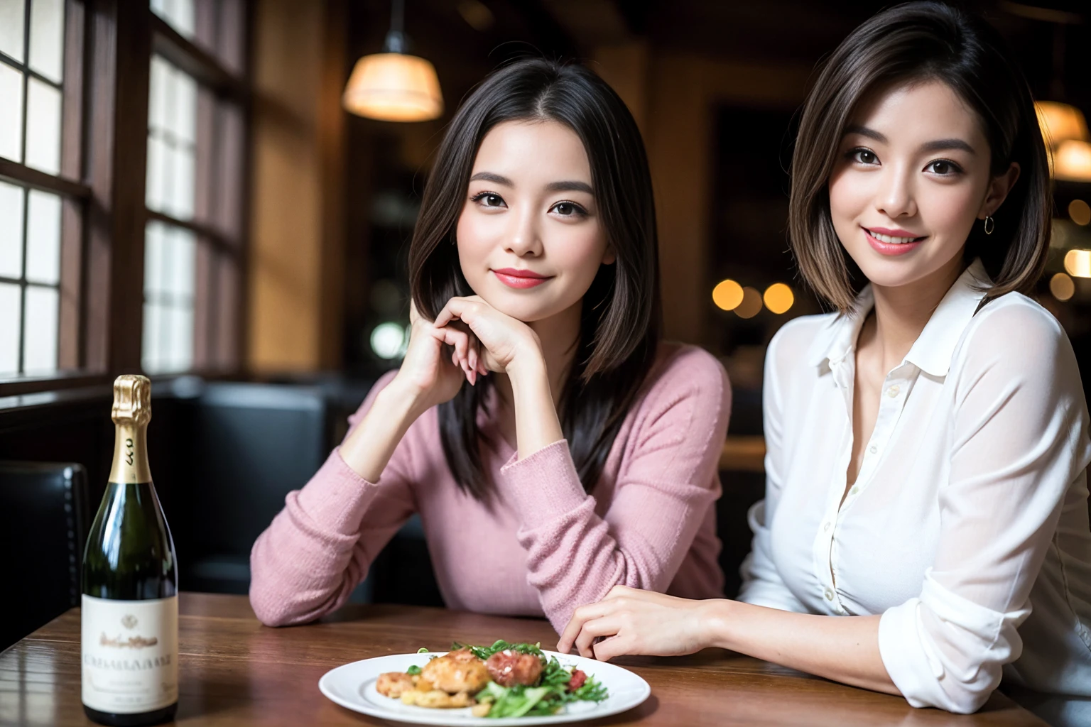 ((Highest quality、8k、masterpiece:1.3))、slimカップル、modelカップル、(Realistic, Intricate details:1.2), full-course dinner、Wine Party、Amazing view of the sunset sky and clouds、A bright smile、The wonderfulness of smile、Bright image、The beauty of wine, Beautiful Face, blue eyes, The light shines on your face, blush, short hair,Bright Face、 (Age 37), 39 years old, red wine 、Appetizers、Italian food、Wine bottle、Champagne、sparkling wine、Two beauties、Brown Hair、Shortcuts、Long sleeve shirt、dress、Beautiful woman 1, (slimな顔), (The body is slim), (Brown Hair), (Shortcuts), cheeks turn a little red,Attractive beauty、restaurant, In a prominent place (From the waist up) Nova Frog Style, actress, model, Upper Body, White wine, slim, wine glass, 中央に置かれたwine glass, smile, (smile: 1.15), Beautiful fine grain, Depth f/2,saturation, High Contrast, Strong light and shadow,Moist Body:1.5、3D texture、Delicate eyes、Brown Hair、The hair is very shiny、
