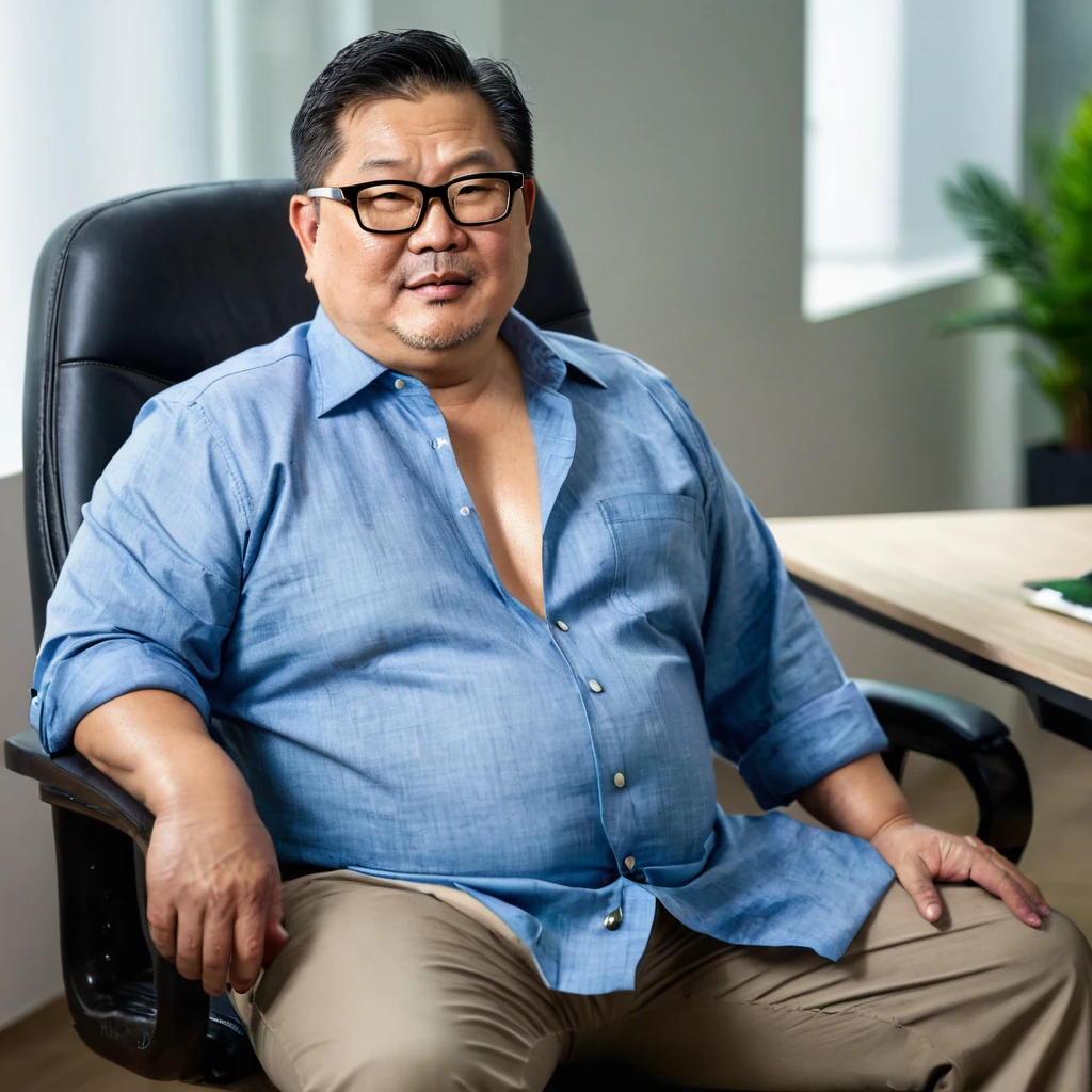 Man, Asian, 50 years old, Fat, Chubby, wearing glasses, wearing a shirt unbutton, Unbutton your shirt, Unbutton, Shirtless, Wet, Stained, sitting in a chair, office, looking to the right side, top view, sharp image, beautiful lighting.