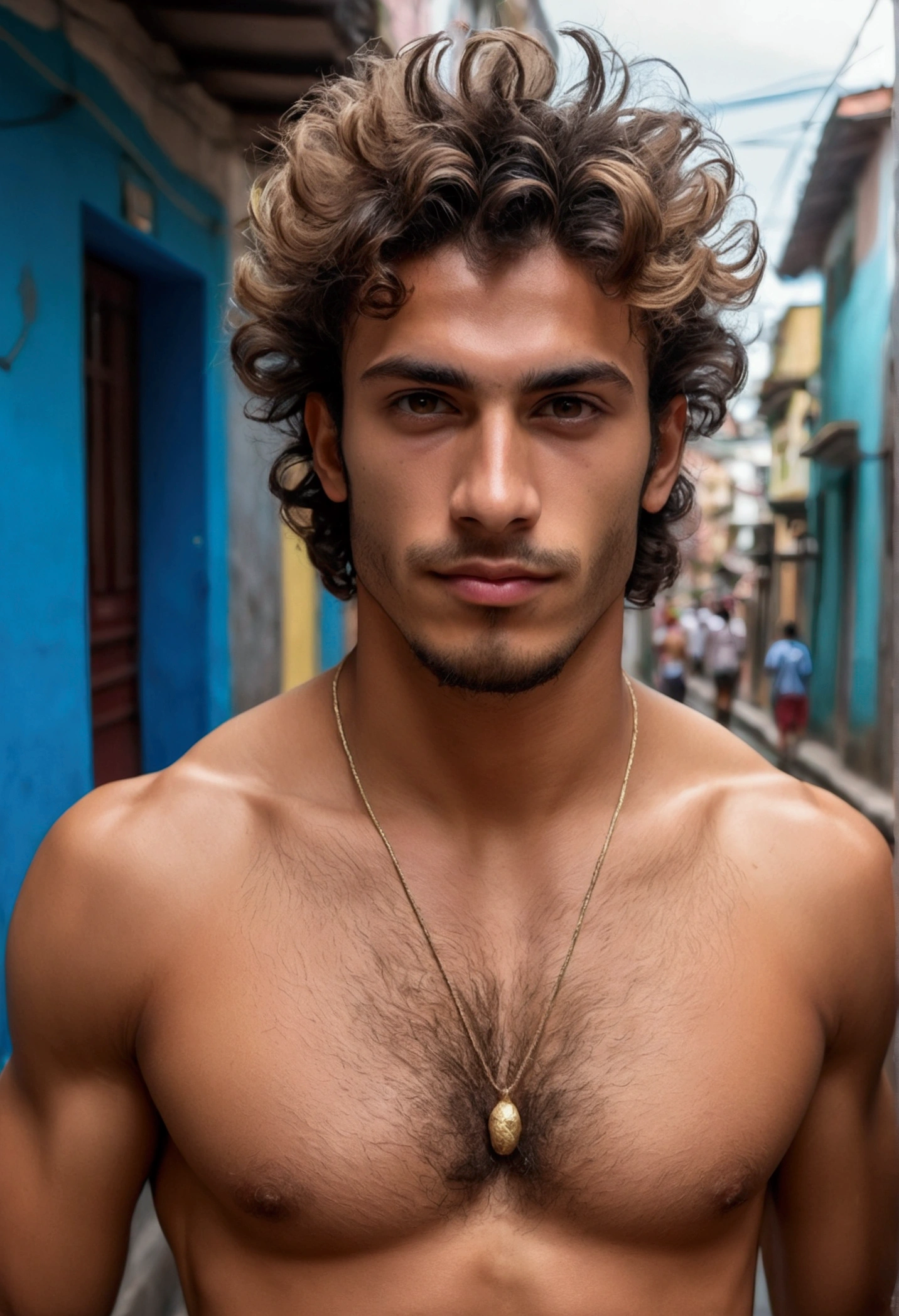 naughty man, 25 years old, attractive beautiful face, very hairy young man, (hazelnut eyes), beautiful hairstyle,look  bonito, 1900 style, muscular shirtless, hairy chest, from Brazil, Fujifilm, cinematrographic, 16K, ultra HD, on a street in the Franco da Rocha favela  , open shirt 