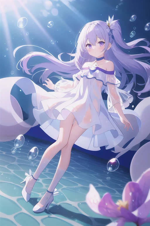 Highest quality, masterpiece, In the water, floating, sunlight, bubble, whole body, One girl, alone, (small:1.2), Light purple hair, Long Hair, floating hair, Purple eyes, Medium chest, White Dress, See through, Off the shoulder, Wet clothes, Removable sleeves, Cleavage cutout, White knee socks, White stiletto heels,