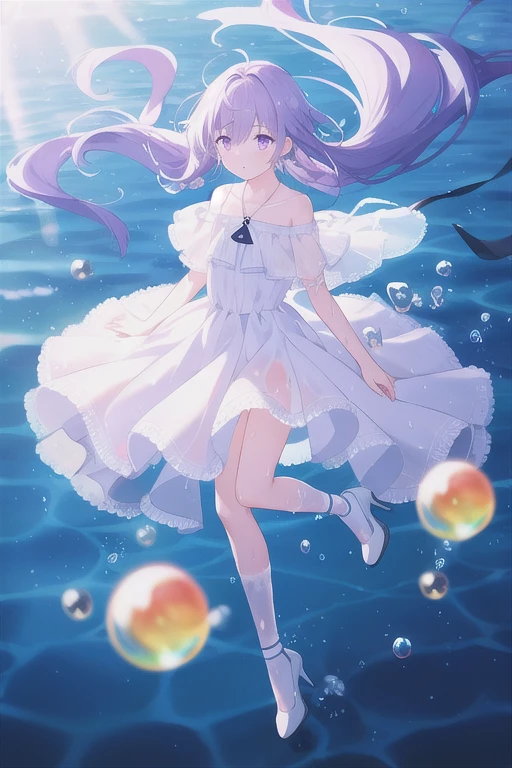 Highest quality, masterpiece, In the water, floating, sunlight, bubble, whole body, One girl, alone, (small:1.2), Light purple hair, Long Hair, floating hair, Purple eyes, Medium chest, White Dress, See through, Off the shoulder, Wet clothes, Removable sleeves, Cleavage cutout, White knee socks, White stiletto heels,