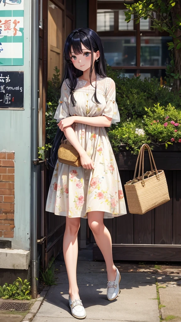 Taiwanese British mixed-race girl with long golden hair. Today I chose an elegant floral dress.,Wear it with a gauze blouse,Create a light and romantic atmosphere。Pair it with a pair of canvas shoes and a straw bag,Comfortable yet stylish。