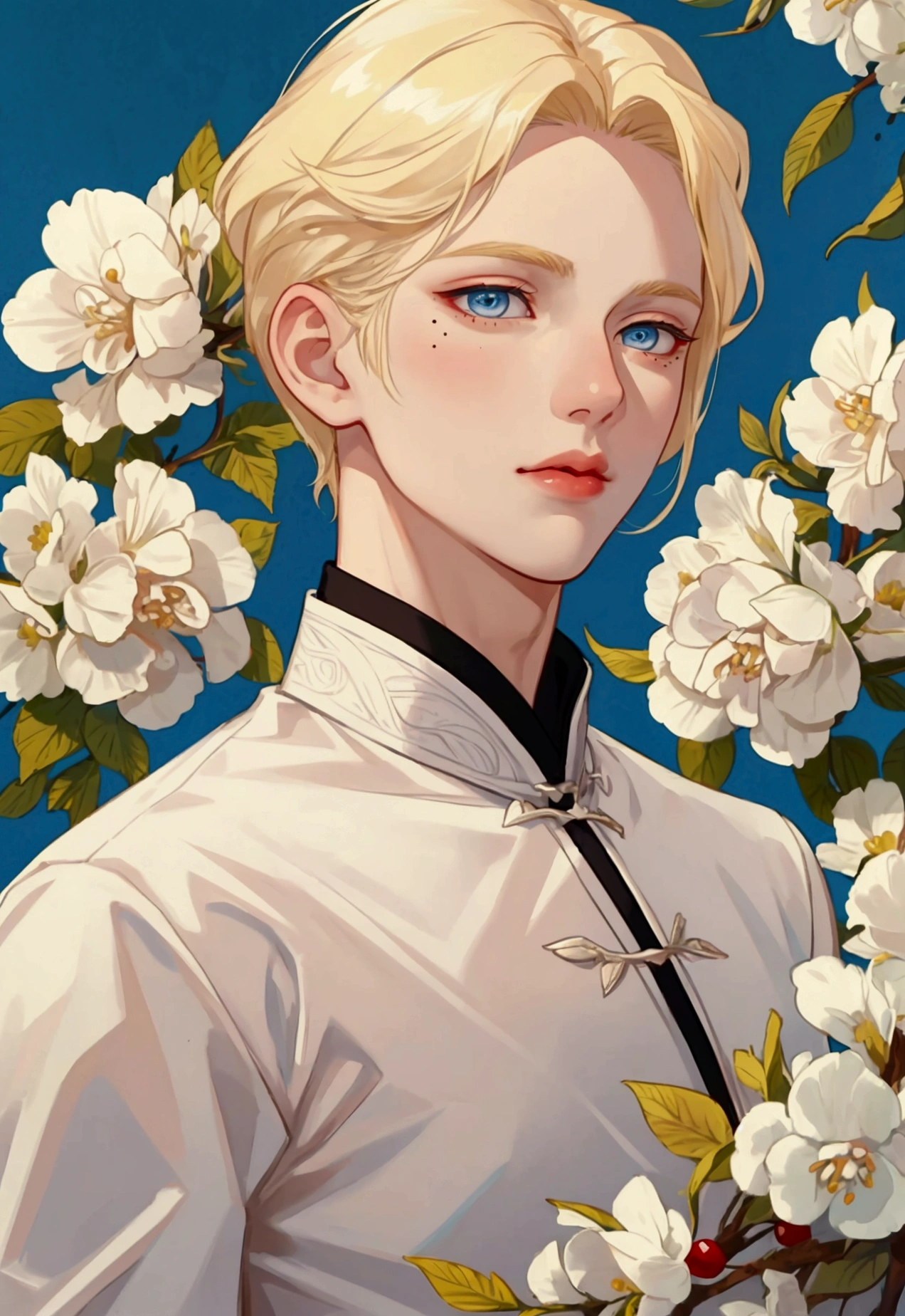 beautiful young man with blonde hair, light blue eyes, delicate features of the face, cherry lips, White skin, slim build, mole under the cheek, martial arts cultivator style clothing.