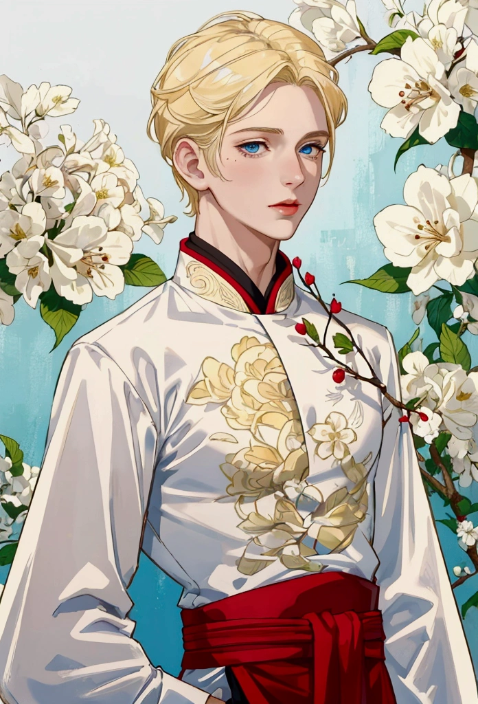 beautiful young man with blonde hair, light blue eyes, delicate features of the face, cherry lips, White skin, slim build, mole under the cheek, martial arts cultivator style clothing.