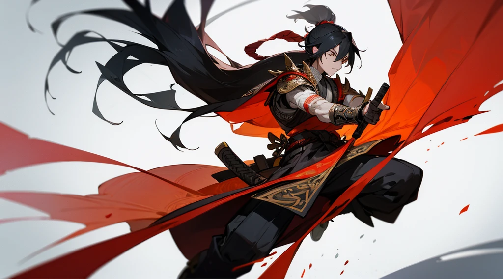 character illustration, a wandering samurai man from a video game or anime. The character has light-colored long hair-tied and wears an intricate outfit with red, black, and white colors. The attire features leaf-like motifs, armor-like elements on the shoulders and arms, a waist sash, knee-high boots, and a thigh holster or pouch, single image, clear white background