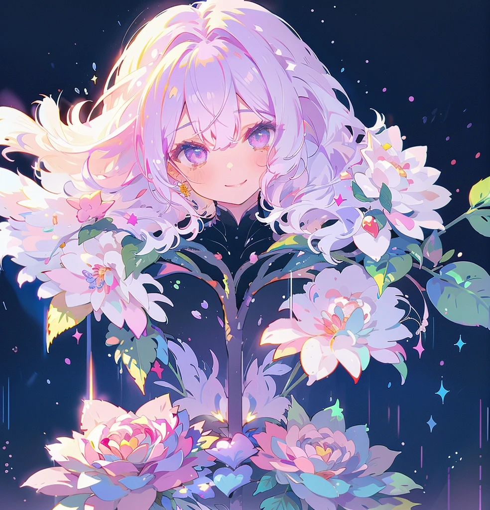 masterpiece,Highest quality, Very detailed, beautiful, Exquisite, 16K, Full HD, Absurd,White Background,((Upper Body,Half-body photo)),((smile,Happy:1.5)),((Sparkling fluffy layered ball gown)), (Grab the hem of your dress and bow slightly.),Lots of flowers,((Surrounded by roses)),ruffles and rhinestones, ( Tabletop, Art Station, Fantasy art:1.2), 優雅なsmileで佇む,pastel colour,White skin,Gradient Hair, Pink Hair, Hair blowing in the wind, Wavy Hair,Fluffy hair,tiara,Lavender eyes, Long eyelashes, beautiful eyes、Light pink cheeks,Bright Eyes,Dazzling Light, Warm lighting,smile,Facing forward、身体はFacing forward