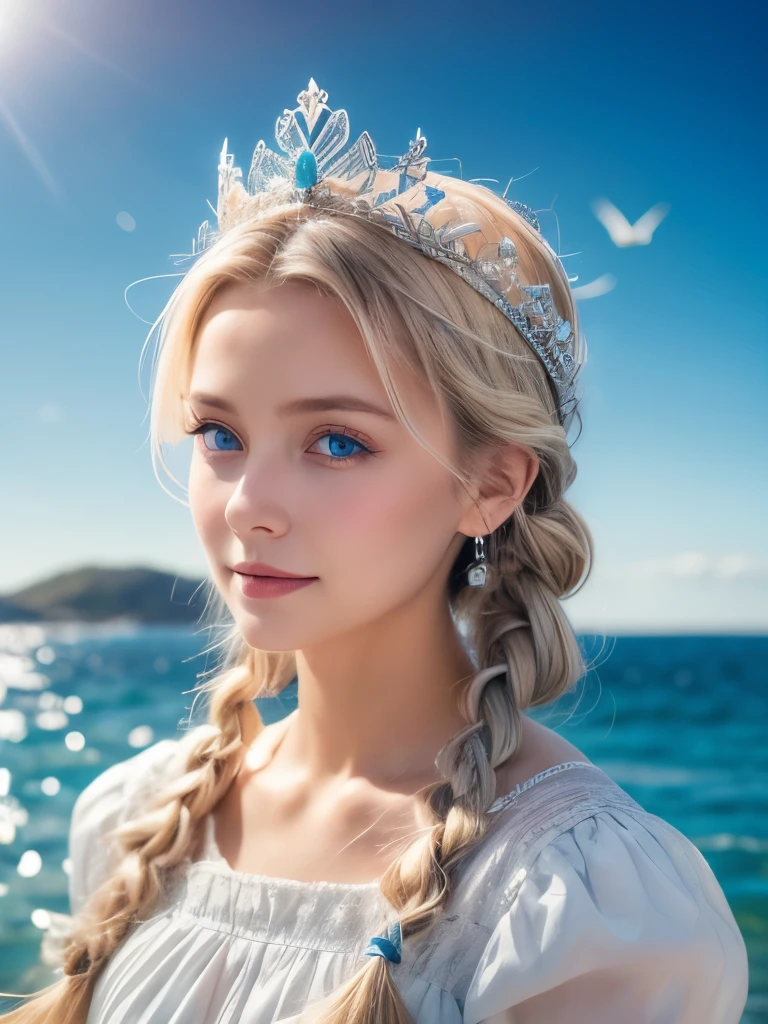 A girl emerged from the sea, Ultra high definition, Beautiful and calm face, blue eyes, Long blonde hair braided, The moon is woven into the hair at the back of the head., Old Russian shiny white clothes, On her head is a kokoshnik crown, Affectionate look, smile, There was a gentle look on his face, Background seascape and sunlight, Seagulls in the sky, full length, Photorealism