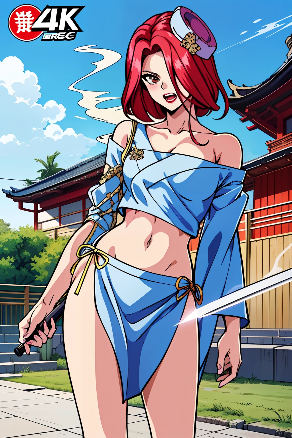  ruka, seductive smile, Hot girl, baddie, staring, glaring, bad attitude, mean girl, crazy, smoking, sensual, attractive,
blush, lipstick,  masterpiece, best quality, highly detailed, a anime girl in kimono dress ,holding sword, bare
shoulder,open kimono, evil smile, open mouth, crop top , (nsfw) not safe for work, smile, ecchi anime
style, anime girls, ecchi style, ecchi, digital anime art!!, in anime style, official artwork, visual novel cg,
beautiful anime girl, anime style 4 k, kimono pencil skirt, exposed belly, exposed navel,
exposed midriff, exposed lower belly, outdoor, japanese architecture, temple