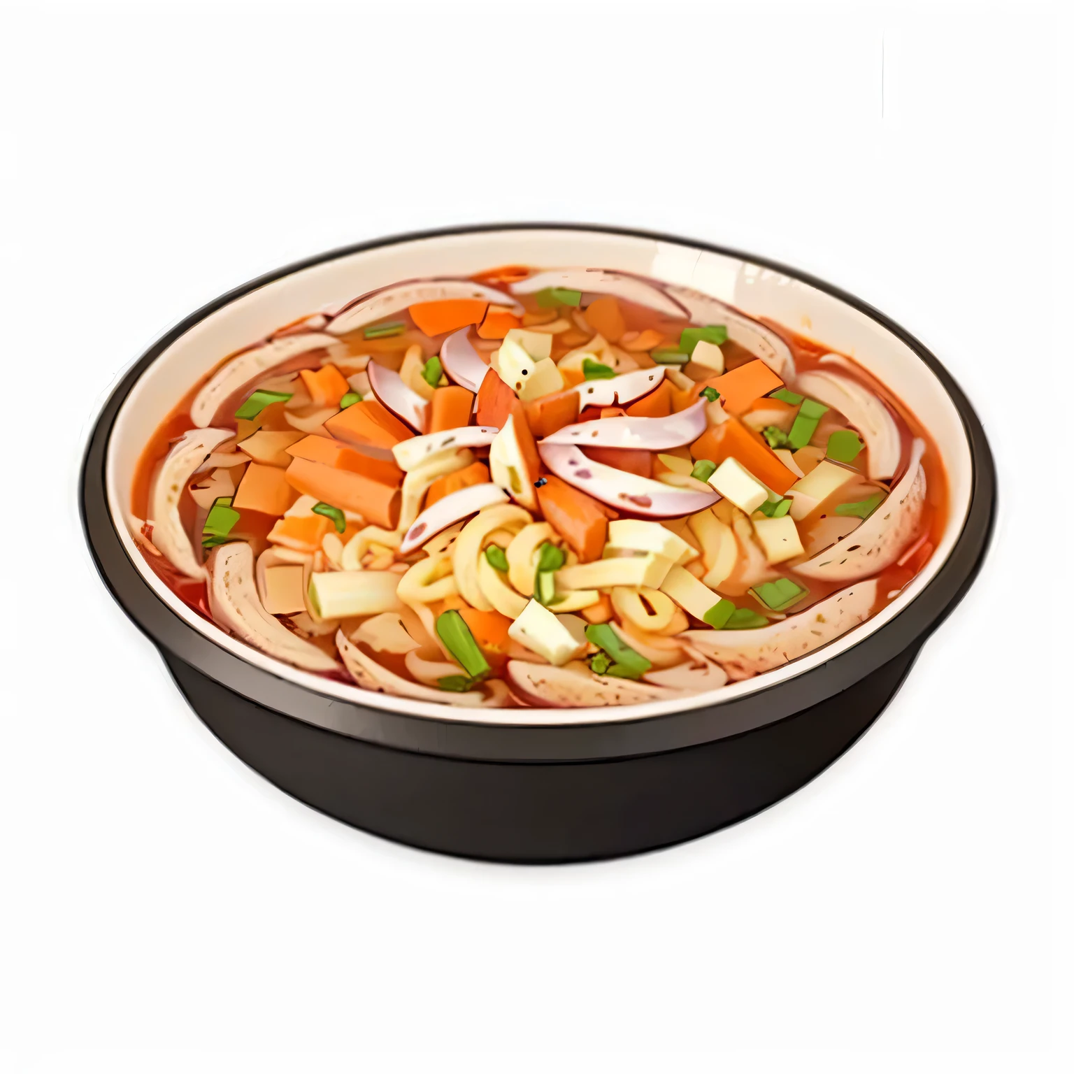 there is a bowl of food with onions and carrots in it, bowl filled with food, Noodle, Detailed hot belly, you being dragon food, ❤🔥🍄🌪, hot food, Cangyue, Okame, bowl, Anime Food, delicious food, good soup, Map tofu cartoon, Monitor, Spicy