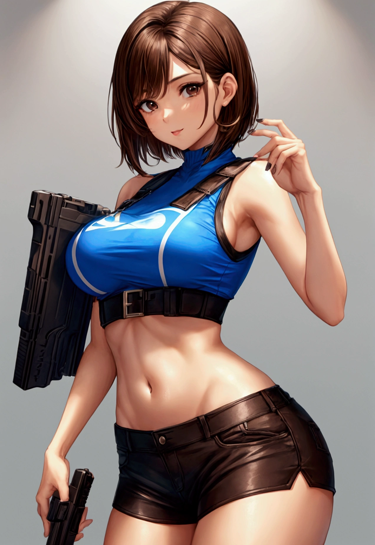 27-year-old woman, brown eyes, short brown hair, medium breasts, wearing a blue sleeveless shirt and tight black mini shorts and holding a p99 in her right hand