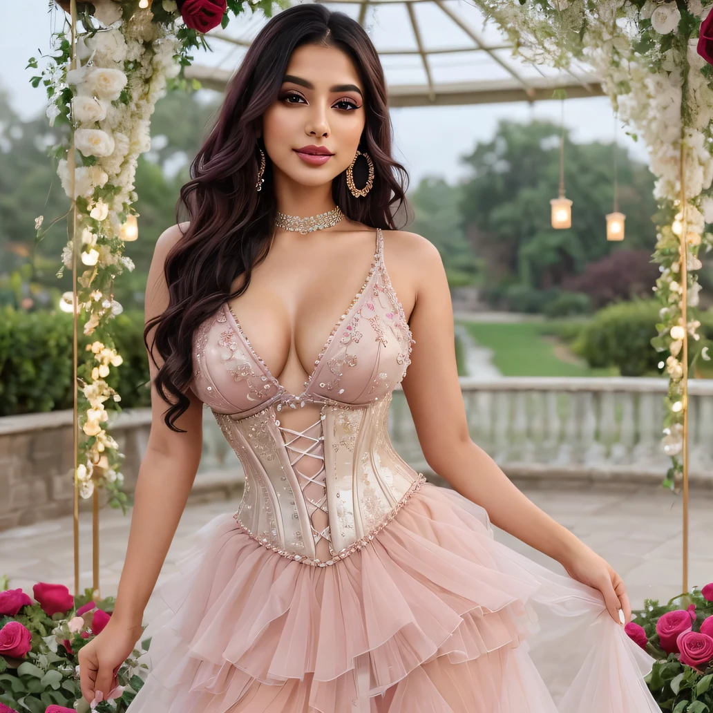 "Create an ultra-realistic image of a modern, attractive female influencer of Indian descent, aged between 27 to 30. She should have a warm and inviting smile, expressive almond-shaped eyes with a slight shimmer, and clear, glowing skin with a medium brown complexion. Her features should be well-defined, with high cheekbones and a sharp jawline. Her hair should be long, thick, and wavy, with a natural shine and bounce, styled in loose waves. She should have a slender yet athletic build, reflecting a healthy and active lifestyle. She is wearing a romantic rose pink tulle gown with layers of delicate fabric, featuring a heavily beaded corset-style bodice. The bodice is adorned with intricate beadwork, including shimmering crystals and pearls, creating a lavish and opulent appearance. The multiple layers of tulle cascade into a voluminous skirt, enhancing the gown's ethereal beauty and expensive look. Her bust size is enhanced to be gigantic breasts (plump: 1.1), ensuring her chest is bigger. Her hair color is a deep, reddish-purple hue that’s bold yet sophisticated, styled in loose, romantic waves pinned back with floral accents. She accessorizes with subtle yet chic jewelry, such as small hoop earrings and a few thin bangles. The background is an enchanting garden with blooming roses, twinkling fairy lights, and a picturesque gazebo. Her overall appearance should exude confidence, approachability, and sophistication, capturing the essence of a contemporary Indian fashion influencer."