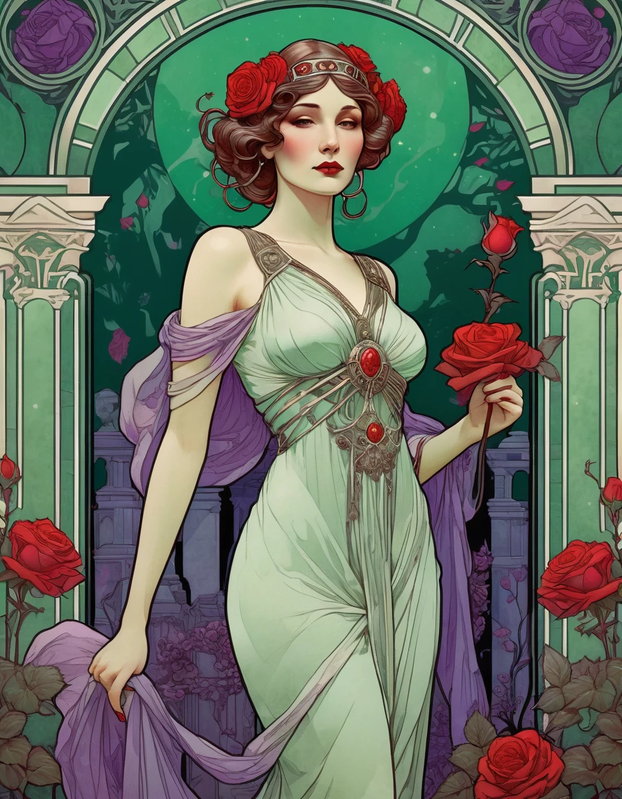A beautiful woman in a greek dress, ghostly green background with cemetery and red roses, in style of Alphonse Mucha's art deco-inspired illustrations. Red and purple, in the Tower card design style.