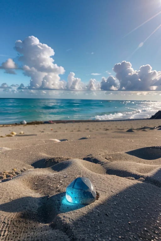 Exquisite scenes,depth of fields,8K,Blue sky,White clouds,The sun shines on the beach,There are many small colorful stones on the beach,Rose flower,