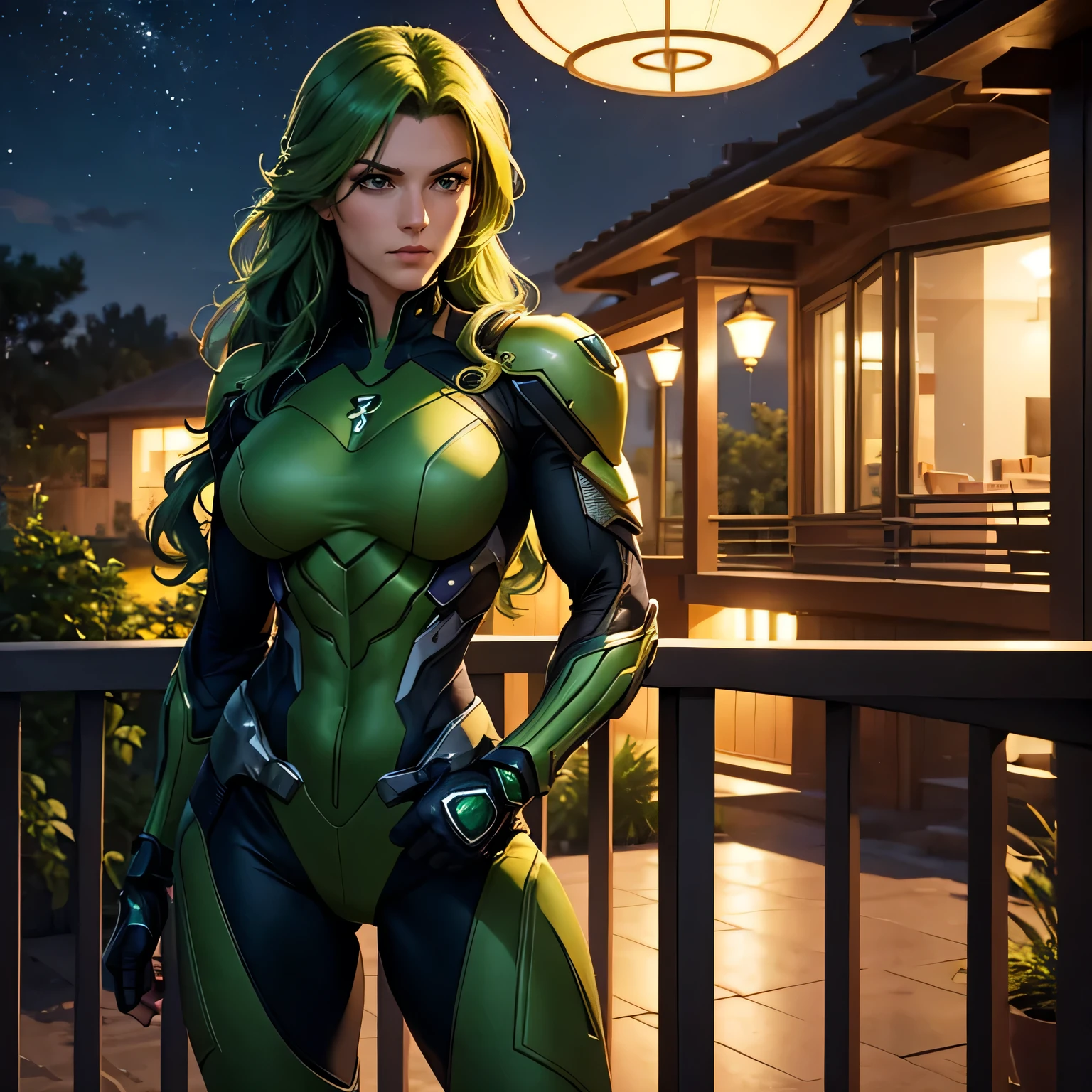 masterpiece, best quality, agrias, a woman, solo, wearing full green, widow suit, green hair, high leg, wavy hair , muscular , detailed face, muscular detailed face, age 22, modern house patio, standing, head up, Night time, superhero